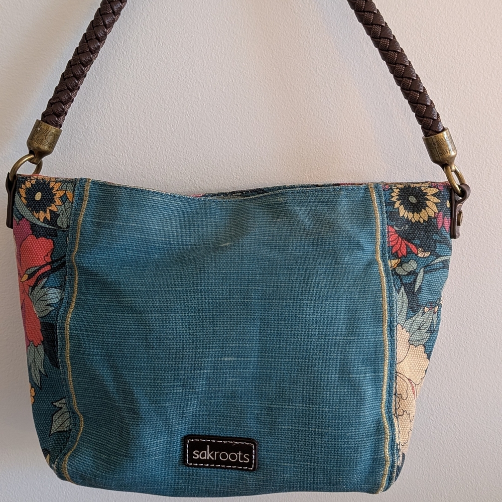 Sakroots Teal Blue Elsa Women's Hobo Bag Purse Floral Braided Strap